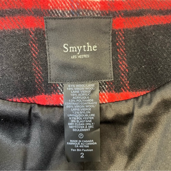 SMYTHE $800 Wool Blend Plaid Pea Coat in Red/Black Size 2 Gold Button Front - Picture 7 of 8